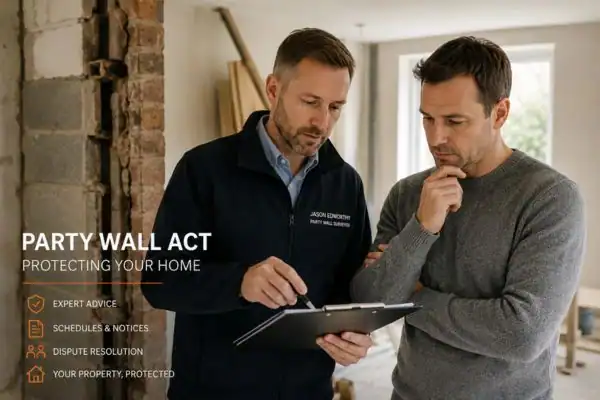 Party wall surveyor Rushden discussing extension plans with homeowner outside a UK semi-detached house.